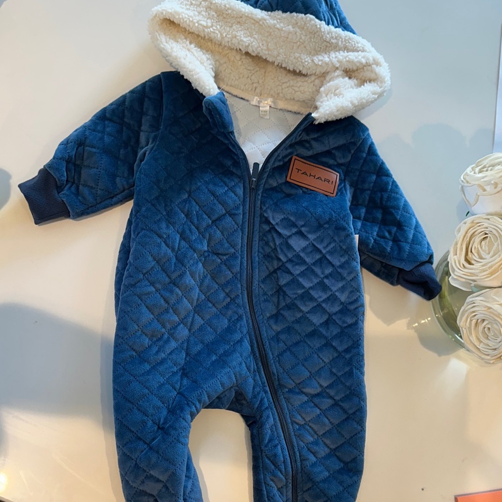 Tahari Navy Quilted Fleece Hooded One-Piece with Sherpa Lining